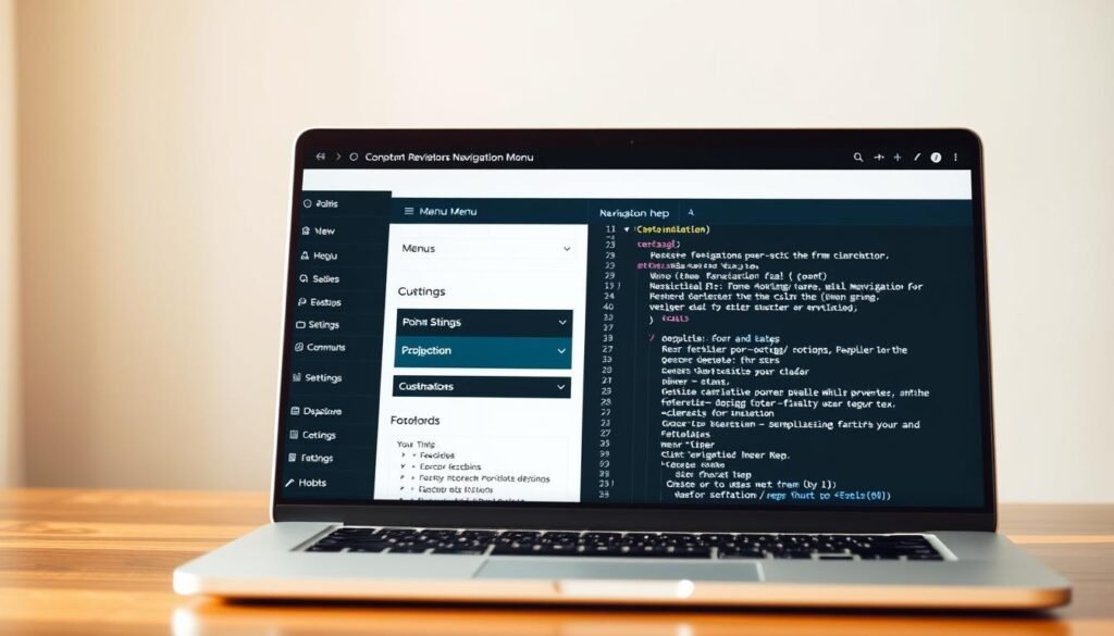 A WordPress site with a sleek, modern design takes center stage, its navigation menu prominently displayed at the top. The layout is crisp and clean, with intuitive icons guiding the user through the customization options. In the foreground, a laptop screen showcases the WordPress dashboard, where various menu settings can be adjusted. The middle ground features a developer-style text editor, highlighting the code behind the custom navigation. In the background, a subtle pattern or texture adds depth and visual interest, while a warm, natural lighting creates a welcoming atmosphere. The overall scene conveys a sense of control and empowerment over the site's customization.