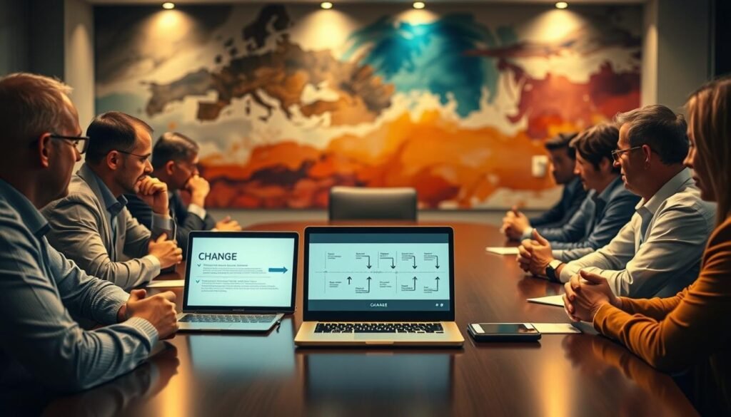 A boardroom table surrounded by executives, hands clasped in contemplation, illuminated by warm, focused lighting. On the table, a laptop displaying a visual roadmap of the change process - arrows, timelines, and milestones. In the background, a large, abstract wall mural depicting the transformation from old to new, the colors shifting from cool to warm tones. An atmosphere of thoughtful discussion and strategic planning permeates the scene, capturing the essence of navigating organizational change. A boardroom table surrounded by executives, hands clasped in contemplation, illuminated by warm, focused lighting. On the table, a laptop displaying a visual roadmap of the change process - arrows, timelines, and milestones. In the background, a large, abstract wall mural depicting the transformation from old to new, the colors shifting from cool to warm tones. An atmosphere of thoughtful discussion and strategic planning permeates the scene, capturing the essence of navigating organizational change.
