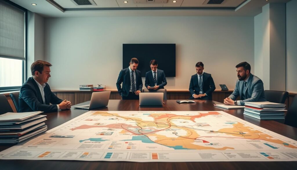 A boardroom table with a large, detailed map of potential IT project risks spread out across it. Stacks of project documents, laptop, and a team of professionals in business attire gathered around the table, scrutinizing the map and discussing mitigation strategies. The room is bathed in warm, focused lighting, conveying a serious, analytical atmosphere. The map itself features color-coded zones, graphs, and annotations highlighting different risk factors, probabilities, and contingency plans. An air of cautious deliberation and proactive problem-solving permeates the scene. A boardroom table with a large, detailed map of potential IT project risks spread out across it. Stacks of project documents, laptop, and a team of professionals in business attire gathered around the table, scrutinizing the map and discussing mitigation strategies. The room is bathed in warm, focused lighting, conveying a serious, analytical atmosphere. The map itself features color-coded zones, graphs, and annotations highlighting different risk factors, probabilities, and contingency plans. An air of cautious deliberation and proactive problem-solving permeates the scene.