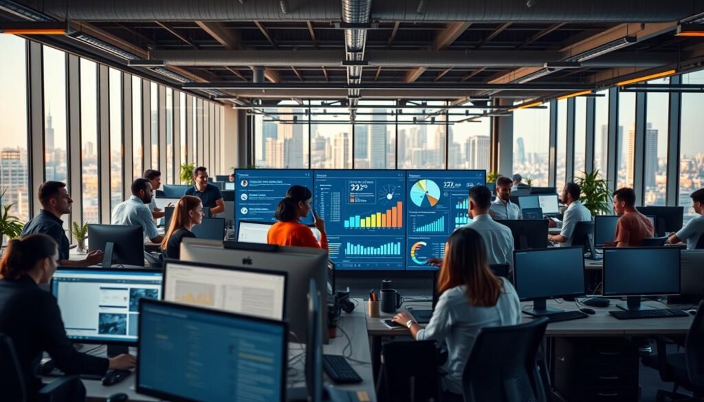 A bustling IT office, filled with an energetic team collaborating on cutting-edge digital transformation projects. Sleek, modern workstations bathed in warm, natural lighting from large windows, creating a dynamic, productive atmosphere. In the foreground, a team of software engineers, UI/UX designers, and project managers engaged in lively discussions, brainstorming innovative solutions to enhance the customer experience. The middle ground features a large interactive display board, showcasing the latest data analytics and customer insights. In the background, the city skyline is visible, symbolizing the far-reaching impact of their work on the larger business landscape. A bustling IT office, filled with an energetic team collaborating on cutting-edge digital transformation projects. Sleek, modern workstations bathed in warm, natural lighting from large windows, creating a dynamic, productive atmosphere. In the foreground, a team of software engineers, UI/UX designers, and project managers engaged in lively discussions, brainstorming innovative solutions to enhance the customer experience. The middle ground features a large interactive display board, showcasing the latest data analytics and customer insights. In the background, the city skyline is visible, symbolizing the far-reaching impact of their work on the larger business landscape.
