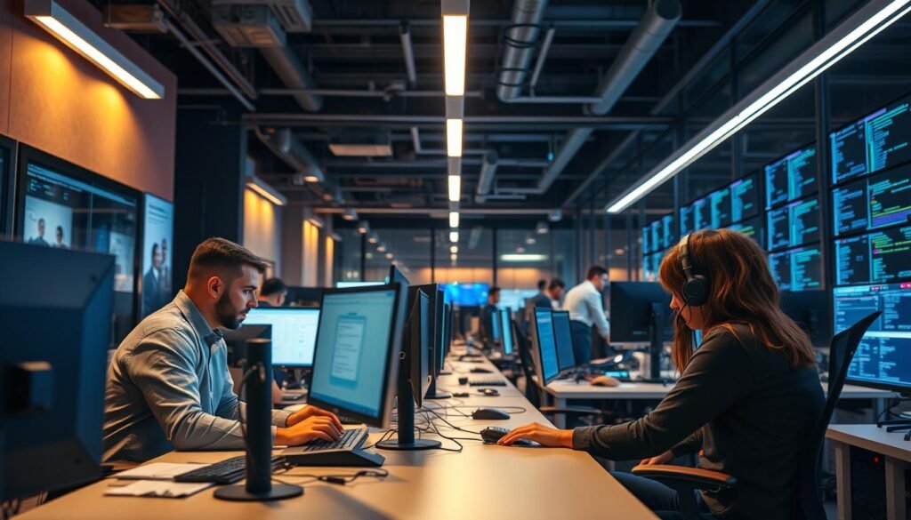 A bustling IT support desk in the foreground, with a team of technicians diligently troubleshooting and resolving user issues. In the background, a sleek, modern IT development workspace, with developers immersed in coding, designing user interfaces, and collaborating on complex software projects. The lighting is a blend of warm, inviting tones and cool, focused illumination, creating a dynamic, high-tech atmosphere. The camera angle captures the contrast between the reactive, customer-facing nature of IT support and the proactive, innovative work of IT development, reflecting the key differences in their roles and responsibilities. A bustling IT support desk in the foreground, with a team of technicians diligently troubleshooting and resolving user issues. In the background, a sleek, modern IT development workspace, with developers immersed in coding, designing user interfaces, and collaborating on complex software projects. The lighting is a blend of warm, inviting tones and cool, focused illumination, creating a dynamic, high-tech atmosphere. The camera angle captures the contrast between the reactive, customer-facing nature of IT support and the proactive, innovative work of IT development, reflecting the key differences in their roles and responsibilities.