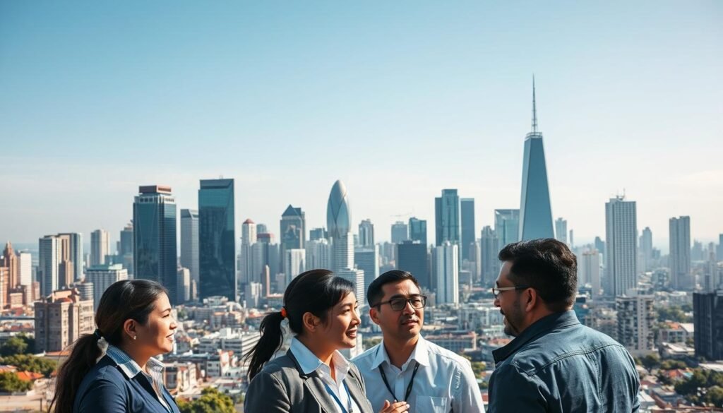A bustling city skyline in Latin America, showcasing a diverse array of modern high-rise buildings and infrastructure. In the foreground, a group of professionals engaged in a collaborative discussion, their expressions conveying technical expertise and innovative problem-solving. The lighting is crisp and directional, highlighting the dynamic energy of the scene. The camera angle is slightly elevated, providing a bird's-eye view that captures the scale and vibrancy of the urban landscape. The overall tone is one of growth, innovation, and the rich pool of technical talent that Latin America has to offer. A bustling city skyline in Latin America, showcasing a diverse array of modern high-rise buildings and infrastructure. In the foreground, a group of professionals engaged in a collaborative discussion, their expressions conveying technical expertise and innovative problem-solving. The lighting is crisp and directional, highlighting the dynamic energy of the scene. The camera angle is slightly elevated, providing a bird's-eye view that captures the scale and vibrancy of the urban landscape. The overall tone is one of growth, innovation, and the rich pool of technical talent that Latin America has to offer.