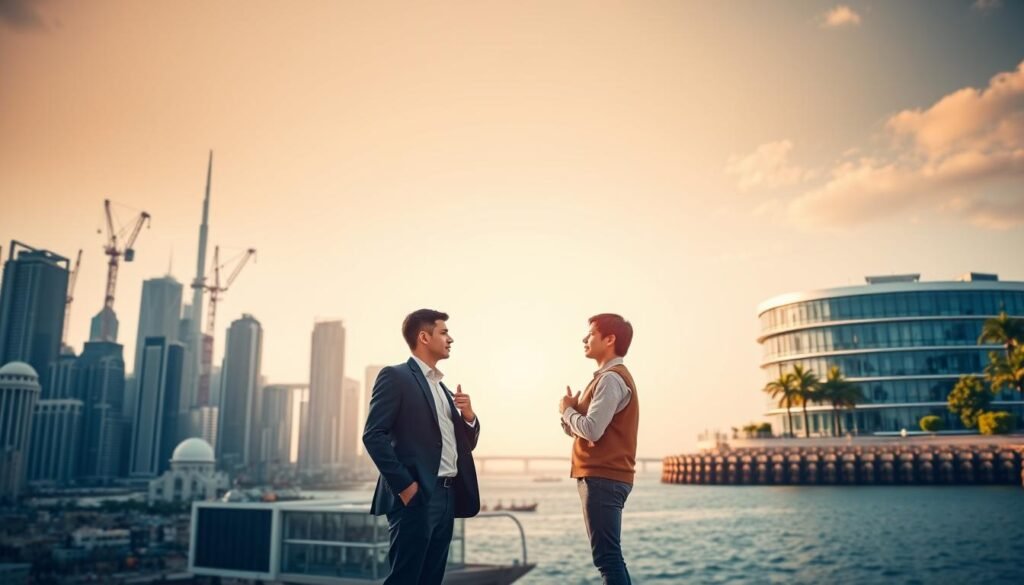 A bustling city skyline on the left, towering skyscrapers and cranes, representing the offshore software development hub. On the right, a more serene coastal landscape, with lush greenery and a modern office building, signifying the nearshore development location. In the middle, two figures, one dressed in business attire, the other in casual wear, engaged in a thoughtful discussion, symbolizing the comparison between the two approaches. Warm, golden lighting casts a pensive mood, while the camera angle provides a balanced, eye-level perspective, inviting the viewer to consider the nuances between offshore and nearshore software development. A bustling city skyline on the left, towering skyscrapers and cranes, representing the offshore software development hub. On the right, a more serene coastal landscape, with lush greenery and a modern office building, signifying the nearshore development location. In the middle, two figures, one dressed in business attire, the other in casual wear, engaged in a thoughtful discussion, symbolizing the comparison between the two approaches. Warm, golden lighting casts a pensive mood, while the camera angle provides a balanced, eye-level perspective, inviting the viewer to consider the nuances between offshore and nearshore software development.