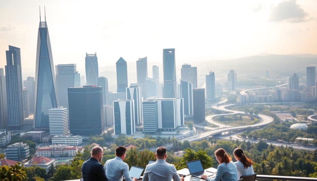 A bustling city skyline with towering skyscrapers and modern architecture, bathed in the warm glow of the afternoon sun. In the foreground, a group of professionals engaged in a collaborative meeting, laptops and documents spread out before them. The middle ground features sleek, minimalist office buildings with large windows, conveying a sense of efficiency and innovation. In the background, lush greenery and winding roads suggest a thriving urban landscape, highlighting the diverse ecosystem of software outsourcing companies. The overall mood is one of productivity, collaboration, and technological advancement. A bustling city skyline with towering skyscrapers and modern architecture, bathed in the warm glow of the afternoon sun. In the foreground, a group of professionals engaged in a collaborative meeting, laptops and documents spread out before them. The middle ground features sleek, minimalist office buildings with large windows, conveying a sense of efficiency and innovation. In the background, lush greenery and winding roads suggest a thriving urban landscape, highlighting the diverse ecosystem of software outsourcing companies. The overall mood is one of productivity, collaboration, and technological advancement.