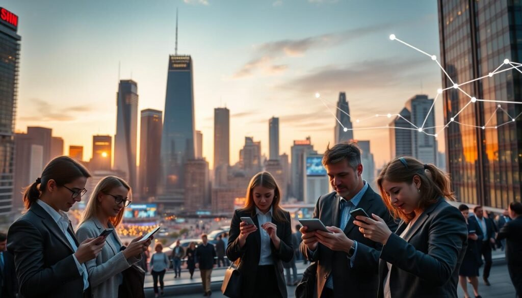 A bustling cityscape at golden hour, with towering skyscrapers and sleek modern architecture. In the foreground, a group of professionals intently interacting with a variety of business apps on their high-end smartphones and tablets, their faces illuminated by the soft, warm glow of the screens. The middle ground features a thriving hub of activity, with businesspeople hurrying to and fro, all engrossed in their digital tools. In the background, a network of seamless digital infrastructure, with glowing data streams and interconnected devices, creating a sense of technological integration and efficiency. The overall atmosphere is one of productivity, innovation, and the transformative power of business technology. A bustling cityscape at golden hour, with towering skyscrapers and sleek modern architecture. In the foreground, a group of professionals intently interacting with a variety of business apps on their high-end smartphones and tablets, their faces illuminated by the soft, warm glow of the screens. The middle ground features a thriving hub of activity, with businesspeople hurrying to and fro, all engrossed in their digital tools. In the background, a network of seamless digital infrastructure, with glowing data streams and interconnected devices, creating a sense of technological integration and efficiency. The overall atmosphere is one of productivity, innovation, and the transformative power of business technology.