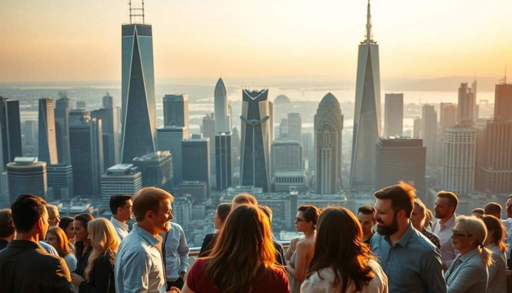 A bustling cityscape bathed in warm, golden light, capturing the essence of cultural alignment and time zone synchronicity. In the foreground, a diverse group of professionals engage in lively conversation, their body language and expressions conveying a sense of shared purpose and mutual understanding. In the middle ground, towering skyscrapers and sleek, modern architecture reflect the vibrant, interconnected nature of the global business landscape. In the background, a subtle gradient of blues and purples denotes the gradual shift in time zones, symbolizing the seamless coordination that enables successful nearshore collaboration. The scene is captured through a wide-angle lens, emphasizing the grand scale and harmony of this dynamic, culturally-aligned work environment. A bustling cityscape bathed in warm, golden light, capturing the essence of cultural alignment and time zone synchronicity. In the foreground, a diverse group of professionals engage in lively conversation, their body language and expressions conveying a sense of shared purpose and mutual understanding. In the middle ground, towering skyscrapers and sleek, modern architecture reflect the vibrant, interconnected nature of the global business landscape. In the background, a subtle gradient of blues and purples denotes the gradual shift in time zones, symbolizing the seamless coordination that enables successful nearshore collaboration. The scene is captured through a wide-angle lens, emphasizing the grand scale and harmony of this dynamic, culturally-aligned work environment.