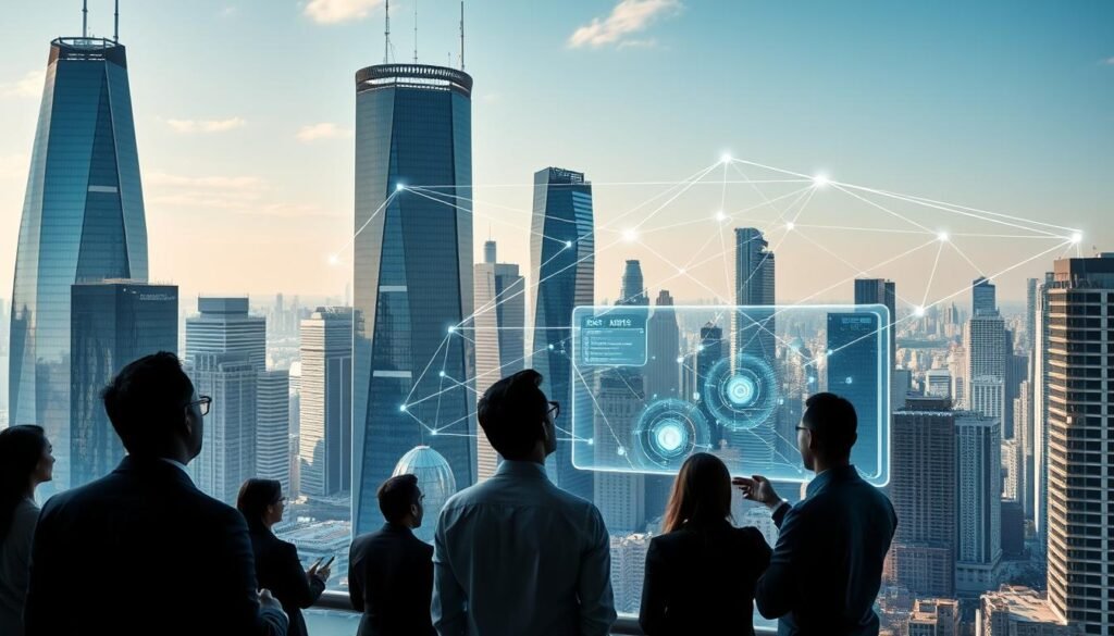 A bustling cityscape in the heart of a thriving metropolis, with towering skyscrapers and sleek, modern architecture. In the foreground, a group of professionals engaged in a dynamic presentation, showcasing innovative digital transformation solutions on a large holographic display. The lighting is crisp and directional, casting dramatic shadows and highlighting the cutting-edge technology. In the background, a network of interconnected data streams and digital pathways weave through the urban landscape, symbolizing the seamless integration of technology and infrastructure. The overall atmosphere conveys a sense of progress, innovation, and the transformative power of custom software development. A bustling cityscape in the heart of a thriving metropolis, with towering skyscrapers and sleek, modern architecture. In the foreground, a group of professionals engaged in a dynamic presentation, showcasing innovative digital transformation solutions on a large holographic display. The lighting is crisp and directional, casting dramatic shadows and highlighting the cutting-edge technology. In the background, a network of interconnected data streams and digital pathways weave through the urban landscape, symbolizing the seamless integration of technology and infrastructure. The overall atmosphere conveys a sense of progress, innovation, and the transformative power of custom software development.