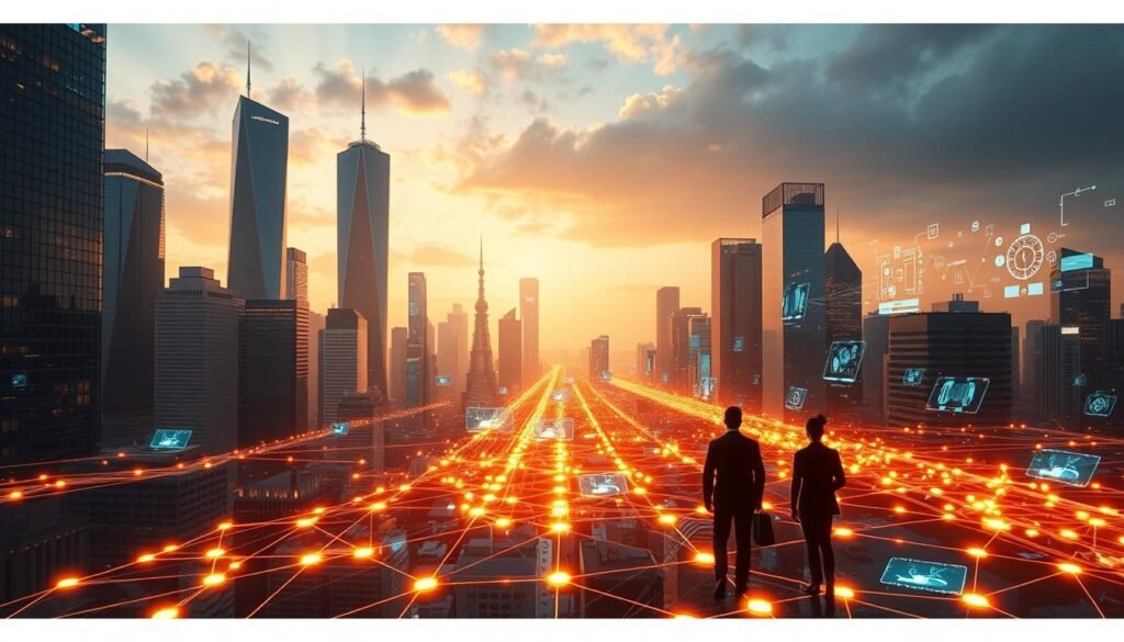 A bustling cityscape with towering skyscrapers and sleek, modern architecture, bathed in a warm, golden light. In the foreground, a network of glowing digital pathways and interconnected devices, symbolizing the seamless integration of technology into everyday life. In the middle ground, silhouettes of business professionals navigating the digital landscape, their movements fluid and efficient. The background is filled with a kaleidoscope of holographic displays, visualizing the flow of data and the constant state of digital transformation. The overall atmosphere is one of progress, innovation, and a sense of the future unfolding before our eyes. A bustling cityscape with towering skyscrapers and sleek, modern architecture, bathed in a warm, golden light. In the foreground, a network of glowing digital pathways and interconnected devices, symbolizing the seamless integration of technology into everyday life. In the middle ground, silhouettes of business professionals navigating the digital landscape, their movements fluid and efficient. The background is filled with a kaleidoscope of holographic displays, visualizing the flow of data and the constant state of digital transformation. The overall atmosphere is one of progress, innovation, and a sense of the future unfolding before our eyes.