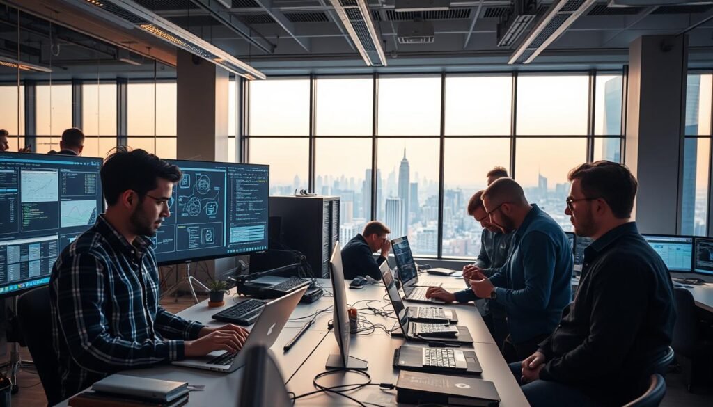 A bustling modern office, bathed in warm, diffused lighting. Developers huddle around a large screen, discussing complex diagrams and DevOps pipeline visualizations. In the foreground, a developer types furiously on a sleek laptop, while a colleague leans in, scrutinizing the code. The middle ground is filled with an array of monitors, servers, and networking equipment, reflecting the latest advancements in cloud infrastructure and automated deployment. In the background, the city skyline is visible through floor-to-ceiling windows, symbolizing the integration of DevOps practices with the wider business landscape. The overall mood is one of focused collaboration, technological prowess, and a sense of forward momentum in the realm of software development. A bustling modern office, bathed in warm, diffused lighting. Developers huddle around a large screen, discussing complex diagrams and DevOps pipeline visualizations. In the foreground, a developer types furiously on a sleek laptop, while a colleague leans in, scrutinizing the code. The middle ground is filled with an array of monitors, servers, and networking equipment, reflecting the latest advancements in cloud infrastructure and automated deployment. In the background, the city skyline is visible through floor-to-ceiling windows, symbolizing the integration of DevOps practices with the wider business landscape. The overall mood is one of focused collaboration, technological prowess, and a sense of forward momentum in the realm of software development.