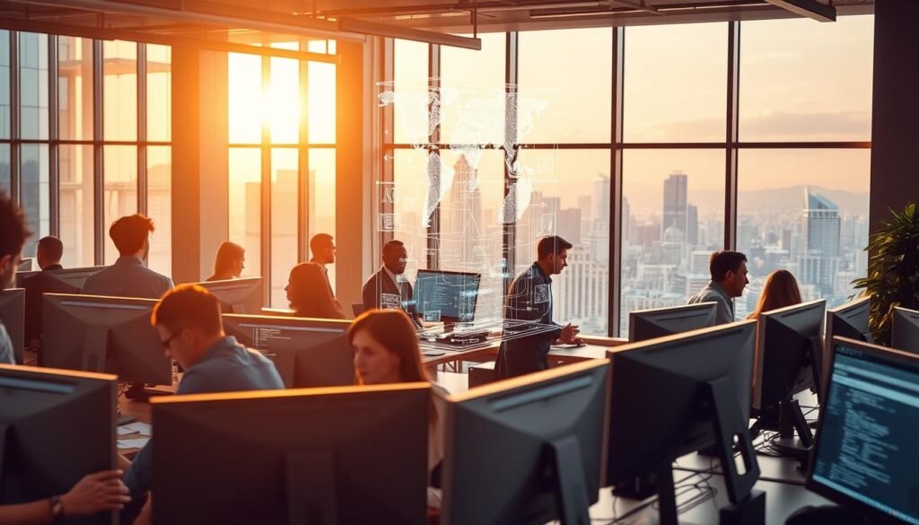 A bustling modern office, bathed in warm, natural light filtering through large windows. In the foreground, a team of software engineers collaborating intently over sleek, minimalist workstations, lines of code reflecting on their focused expressions. In the middle ground, a towering holographic display showcases a complex, interconnected software architecture, indicating the innovative, cutting-edge nature of their work. The background reveals a panoramic cityscape, symbolizing the global reach and impact of their software solutions. The overall atmosphere conveys a sense of dynamic, forward-thinking progress, capturing the essence of innovation in the world of software development. A bustling modern office, bathed in warm, natural light filtering through large windows. In the foreground, a team of software engineers collaborating intently over sleek, minimalist workstations, lines of code reflecting on their focused expressions. In the middle ground, a towering holographic display showcases a complex, interconnected software architecture, indicating the innovative, cutting-edge nature of their work. The background reveals a panoramic cityscape, symbolizing the global reach and impact of their software solutions. The overall atmosphere conveys a sense of dynamic, forward-thinking progress, capturing the essence of innovation in the world of software development.