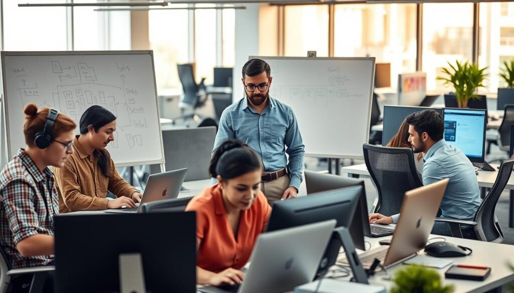 A bustling office scene with a team of IT professionals collaborating on a software development project. In the foreground, developers code intently on their laptops, surrounded by whiteboards filled with diagrams and flowcharts. In the middle ground, a project manager oversees the team, guiding the workflow with a focused expression. The background features modern office furnishings, with sleek desks, ergonomic chairs, and floor-to-ceiling windows that let in warm, natural light, creating a productive and innovative atmosphere. The mood is one of concentration, teamwork, and a shared sense of purpose as the team works to deliver high-quality IT development services. A bustling office scene with a team of IT professionals collaborating on a software development project. In the foreground, developers code intently on their laptops, surrounded by whiteboards filled with diagrams and flowcharts. In the middle ground, a project manager oversees the team, guiding the workflow with a focused expression. The background features modern office furnishings, with sleek desks, ergonomic chairs, and floor-to-ceiling windows that let in warm, natural light, creating a productive and innovative atmosphere. The mood is one of concentration, teamwork, and a shared sense of purpose as the team works to deliver high-quality IT development services.