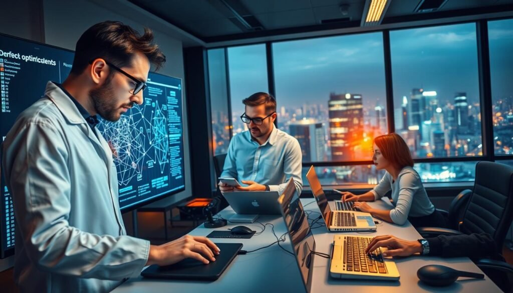 A bustling office setting, illuminated by warm, ambient lighting. In the foreground, a data scientist intently examines a complex neural network diagram projected on a large, high-resolution display. Beside them, a team of software engineers collaborate on coding tasks, their fingers dancing across sleek, modern keyboards. In the middle ground, a project manager oversees the workflow, discussing AI-powered optimization strategies with a business analyst. The background reveals a panoramic view of the city skyline, symbolizing the integration of AI-driven solutions into the fabric of the IT landscape. An atmosphere of innovation and technological prowess pervades the scene. A bustling office setting, illuminated by warm, ambient lighting. In the foreground, a data scientist intently examines a complex neural network diagram projected on a large, high-resolution display. Beside them, a team of software engineers collaborate on coding tasks, their fingers dancing across sleek, modern keyboards. In the middle ground, a project manager oversees the workflow, discussing AI-powered optimization strategies with a business analyst. The background reveals a panoramic view of the city skyline, symbolizing the integration of AI-driven solutions into the fabric of the IT landscape. An atmosphere of innovation and technological prowess pervades the scene.