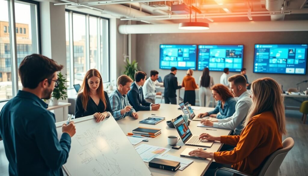 A bustling open-plan office, bathed in warm, natural light. In the foreground, a team of professionals collaborating around a large whiteboard, markers in hand, ideas and diagrams taking shape. In the middle ground, colleagues gather around a central conference table, laptops open, engaged in lively discussion. In the background, intuitive digital tools and interfaces are displayed on various screens, enabling seamless communication and information sharing. The atmosphere is one of focused productivity and creative synergy, reflecting the harmony of modern team collaboration. A bustling open-plan office, bathed in warm, natural light. In the foreground, a team of professionals collaborating around a large whiteboard, markers in hand, ideas and diagrams taking shape. In the middle ground, colleagues gather around a central conference table, laptops open, engaged in lively discussion. In the background, intuitive digital tools and interfaces are displayed on various screens, enabling seamless communication and information sharing. The atmosphere is one of focused productivity and creative synergy, reflecting the harmony of modern team collaboration.