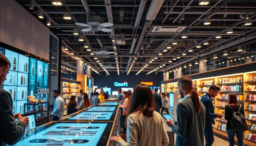 A bustling retail store interior, bathed in warm, ambient lighting. In the foreground, customers interact with intuitive touchscreen displays, browsing products and making seamless transactions. Towards the middle, staff members assist shoppers, utilizing handheld devices to access real-time inventory and personalized recommendations. In the background, a complex network of interconnected systems and IoT sensors optimize store operations, from energy management to predictive analytics. The scene conveys a harmonious blend of technology and human-centric design, enhancing the overall customer experience.