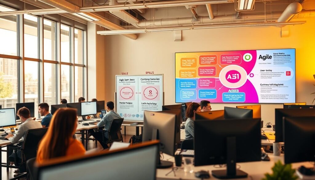A bustling software development office, with programmers engrossed in their work at sleek, modern workstations. The room is flooded with warm, natural lighting from large windows, creating a productive and energetic atmosphere. In the foreground, a team of developers collaborates on a digital whiteboard, illustrating an Agile software development lifecycle with user stories, sprints, and continuous integration. In the background, a vibrant wall display showcases the core principles of Agile, such as adaptability, iterative progress, and customer collaboration. The overall scene conveys the efficiency and innovation that Agile IT services can deliver. A bustling software development office, with programmers engrossed in their work at sleek, modern workstations. The room is flooded with warm, natural lighting from large windows, creating a productive and energetic atmosphere. In the foreground, a team of developers collaborates on a digital whiteboard, illustrating an Agile software development lifecycle with user stories, sprints, and continuous integration. In the background, a vibrant wall display showcases the core principles of Agile, such as adaptability, iterative progress, and customer collaboration. The overall scene conveys the efficiency and innovation that Agile IT services can deliver.