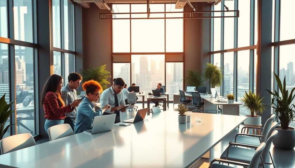 A bustling startup IT consulting office, flooded with warm, natural light from large windows. In the foreground, a team of diverse professionals collaborating intently around a sleek, minimalist conference table, laptops and tablets in hand. The middle ground features an open-concept workspace with programmers and designers deeply engrossed in their screens, surrounded by modern, ergonomic furniture and lush potted plants. In the background, a vibrant city skyline is visible through the windows, conveying a sense of energy, innovation, and limitless potential. The overall mood is one of focused productivity, creativity, and a commitment to delivering exceptional digital solutions for startups. A bustling startup IT consulting office, flooded with warm, natural light from large windows. In the foreground, a team of diverse professionals collaborating intently around a sleek, minimalist conference table, laptops and tablets in hand. The middle ground features an open-concept workspace with programmers and designers deeply engrossed in their screens, surrounded by modern, ergonomic furniture and lush potted plants. In the background, a vibrant city skyline is visible through the windows, conveying a sense of energy, innovation, and limitless potential. The overall mood is one of focused productivity, creativity, and a commitment to delivering exceptional digital solutions for startups.