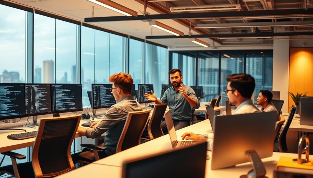 A bustling startup office, modern and minimalist, with sleek desks and ergonomic chairs. In the foreground, a team of software engineers collaborating intensely over multiple screens, lines of code illuminating their faces. In the middle ground, a project manager gesturing animatedly, guiding the discussion. The background reveals a panoramic view of a vibrant city skyline, hinting at the scale and ambition of the startup's endeavors. Warm, diffused lighting casts a productive glow, and the atmosphere is one of focused energy and innovation. The scene conveys the transformative power of custom software development to propel a startup's growth and success. A bustling startup office, modern and minimalist, with sleek desks and ergonomic chairs. In the foreground, a team of software engineers collaborating intensely over multiple screens, lines of code illuminating their faces. In the middle ground, a project manager gesturing animatedly, guiding the discussion. The background reveals a panoramic view of a vibrant city skyline, hinting at the scale and ambition of the startup's endeavors. Warm, diffused lighting casts a productive glow, and the atmosphere is one of focused energy and innovation. The scene conveys the transformative power of custom software development to propel a startup's growth and success.