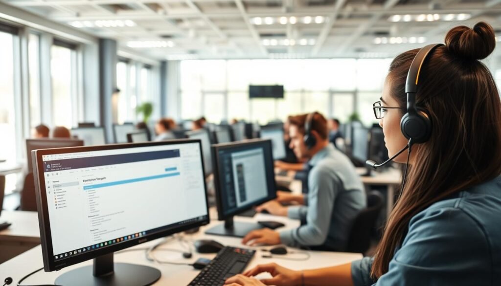 A bustling tech support call center, bright and airy, with rows of desks and headset-wearing agents diligently fielding calls. In the foreground, a close-up view of an agent's computer screen, displaying a detailed customer support ticket. The background is a panoramic view of the office, with a modern, open-plan layout and large windows flooding the space with natural light. The mood is one of focused professionalism and efficient problem-solving, conveying the reliable, 24/7 support services offered by the outsourced IT team. A bustling tech support call center, bright and airy, with rows of desks and headset-wearing agents diligently fielding calls. In the foreground, a close-up view of an agent's computer screen, displaying a detailed customer support ticket. The background is a panoramic view of the office, with a modern, open-plan layout and large windows flooding the space with natural light. The mood is one of focused professionalism and efficient problem-solving, conveying the reliable, 24/7 support services offered by the outsourced IT team.