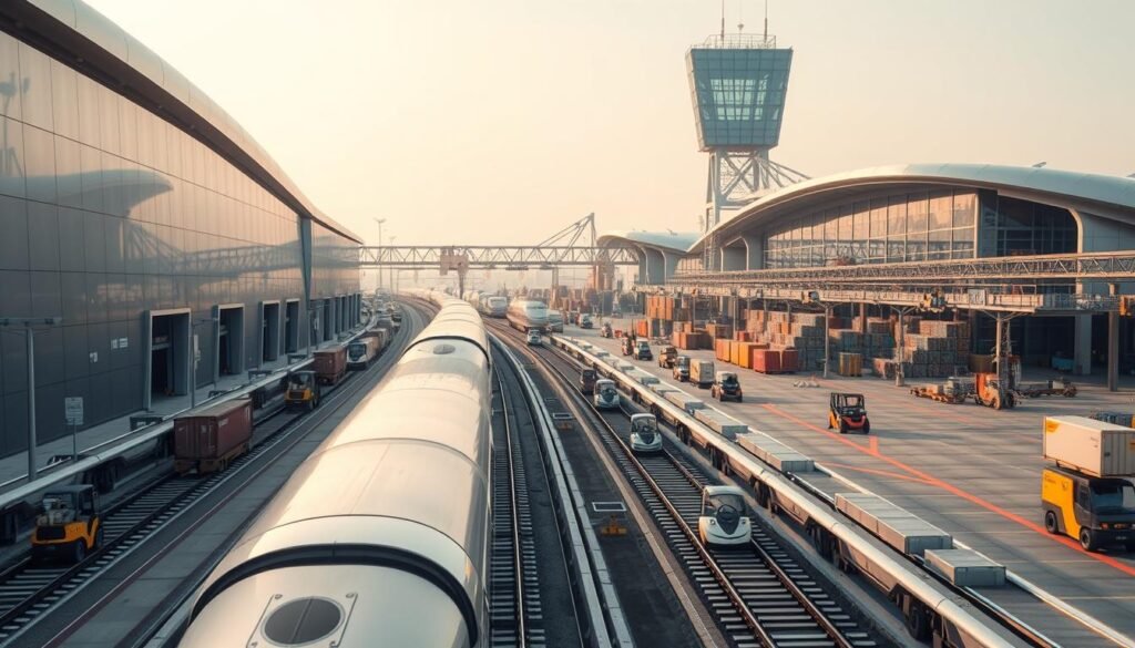 A bustling transportation hub set against a backdrop of sleek, futuristic architecture. In the foreground, a cargo train glides effortlessly along a high-speed rail line, its metallic surface gleaming under the warm, diffused lighting. Surrounding the train, autonomous delivery vehicles and forklifts efficiently move goods, optimizing the logistics of the modern supply chain. The middle ground features a panoramic view of the facility, with automated inventory management systems and data-driven routing algorithms streamlining operations. In the distance, a towering control tower overlooks the entire scene, its glass facade reflecting the digital transformation that has revolutionized the transportation and logistics industry.