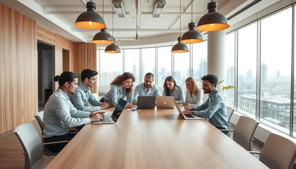A clean, well-lit office interior with a sense of modern, streamlined efficiency. In the foreground, a team of IT professionals collaborating at a long conference table, their faces animated as they discuss project plans on sleek laptop screens. Overhead, industrial pendant lamps cast a warm glow, complementing the neutral tones of the wood-paneled walls and polished concrete floors. In the background, a panoramic window offers a view of a bustling city skyline, symbolizing the expansive technological capabilities Consac.dev brings to their clients. The overall atmosphere conveys a sense of professionalism, reliability, and cutting-edge innovation. A clean, well-lit office interior with a sense of modern, streamlined efficiency. In the foreground, a team of IT professionals collaborating at a long conference table, their faces animated as they discuss project plans on sleek laptop screens. Overhead, industrial pendant lamps cast a warm glow, complementing the neutral tones of the wood-paneled walls and polished concrete floors. In the background, a panoramic window offers a view of a bustling city skyline, symbolizing the expansive technological capabilities Consac.dev brings to their clients. The overall atmosphere conveys a sense of professionalism, reliability, and cutting-edge innovation.