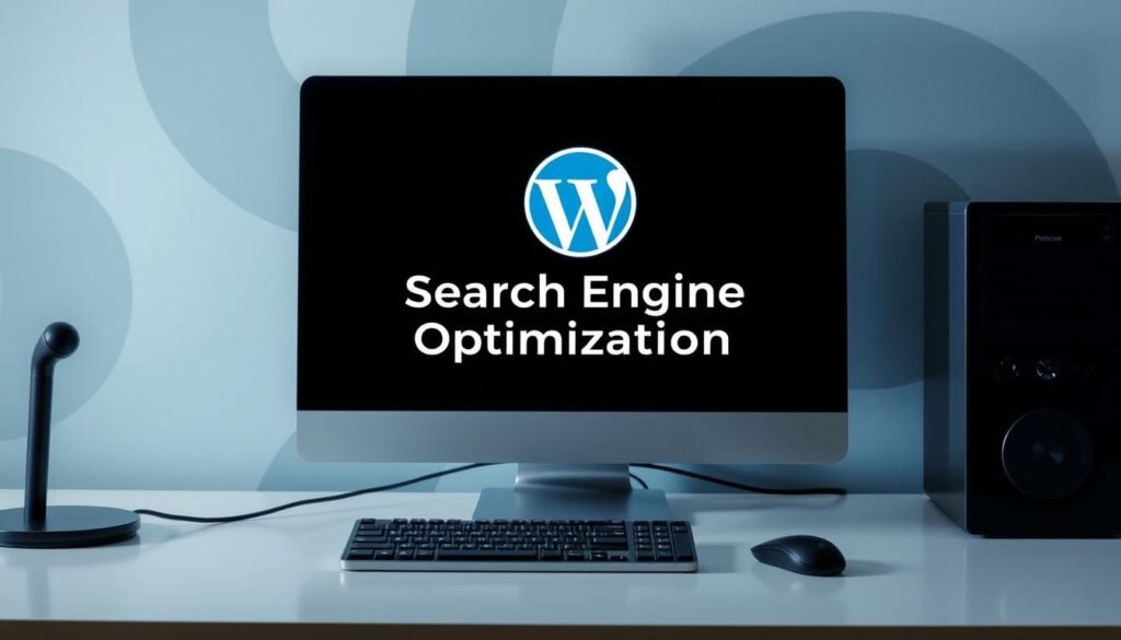 A clean, well-organized workspace with a desktop computer, keyboard, and mouse. The screen displays the WordPress logo and text highlighting "Search Engine Optimization". Crisp, directional lighting illuminates the scene, casting subtle shadows. The background features a stylized abstract pattern in muted blues and greens, suggesting the digital realm of web optimization. The composition emphasizes simplicity and clarity, reflecting the informative nature of the "Understanding WordPress SEO" section.