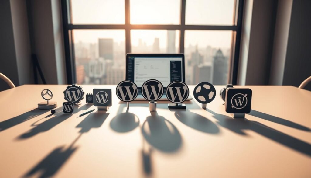 A collection of sleek, modern WordPress plugins displayed on a minimalist, monochromatic workspace. In the foreground, various plugin icons and logos float above a clean, white desk surface, casting long, dramatic shadows. The middle ground features a laptop displaying plugin configuration screens, while the background showcases a softly blurred cityscape through a large window, bathed in warm, natural lighting. The overall scene exudes a sense of professionalism, efficiency, and technological sophistication, reflecting the "Essential Plugins for Functionality" section of the article.