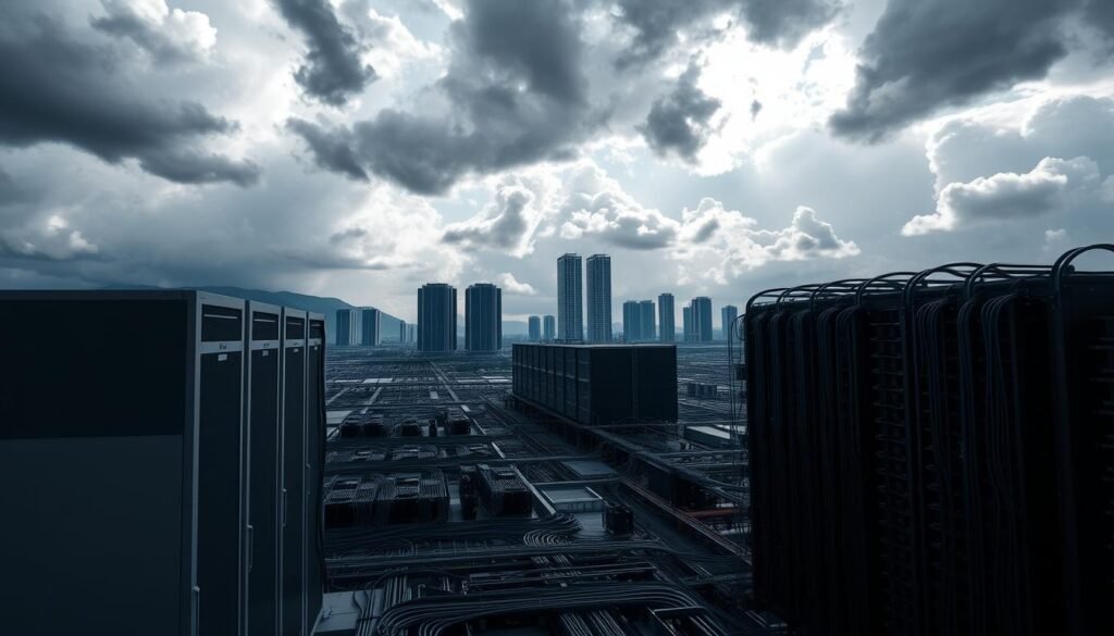 A complex cloud computing infrastructure set against a dramatic, stormy sky. In the foreground, sleek server racks and data storage towers stand in sharp contrast to the ominous clouds overhead. The middle ground features a network of cables and fiber optics, weaving a intricate web of connectivity. In the background, towering server farms and cooling towers rise like monoliths, their steel and glass facades reflecting the turbulent atmosphere. Dramatic lighting casts long shadows, emphasizing the scale and power of the cloud computing ecosystem. An aura of technological might and the challenges of integrating such a system with emerging AI and IoT technologies permeates the scene. A complex cloud computing infrastructure set against a dramatic, stormy sky. In the foreground, sleek server racks and data storage towers stand in sharp contrast to the ominous clouds overhead. The middle ground features a network of cables and fiber optics, weaving a intricate web of connectivity. In the background, towering server farms and cooling towers rise like monoliths, their steel and glass facades reflecting the turbulent atmosphere. Dramatic lighting casts long shadows, emphasizing the scale and power of the cloud computing ecosystem. An aura of technological might and the challenges of integrating such a system with emerging AI and IoT technologies permeates the scene.