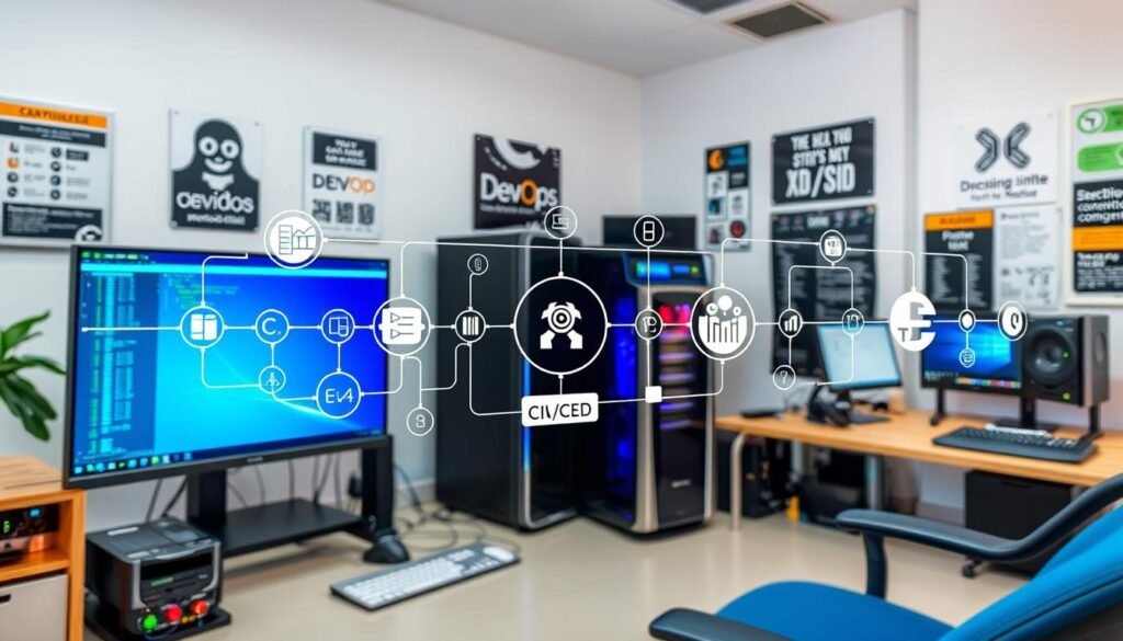 A continuous integration pipeline, a symphony of automation and efficiency, unfolds in a clean, well-lit software development workspace. In the foreground, a series of interconnected icons and visualizations depict the various stages of the CI/CD process, from code commit to deployment. The middle ground showcases sleek, modern computer hardware and a large, high-resolution display, highlighting the technical sophistication of the setup. In the background, the walls are adorned with motivational posters and agile methodologies, reflecting the DevOps-driven culture that empowers this accelerated software quality and deployment process. The overall atmosphere is one of precision, collaboration, and a relentless pursuit of delivering high-quality software. A continuous integration pipeline, a symphony of automation and efficiency, unfolds in a clean, well-lit software development workspace. In the foreground, a series of interconnected icons and visualizations depict the various stages of the CI/CD process, from code commit to deployment. The middle ground showcases sleek, modern computer hardware and a large, high-resolution display, highlighting the technical sophistication of the setup. In the background, the walls are adorned with motivational posters and agile methodologies, reflecting the DevOps-driven culture that empowers this accelerated software quality and deployment process. The overall atmosphere is one of precision, collaboration, and a relentless pursuit of delivering high-quality software.