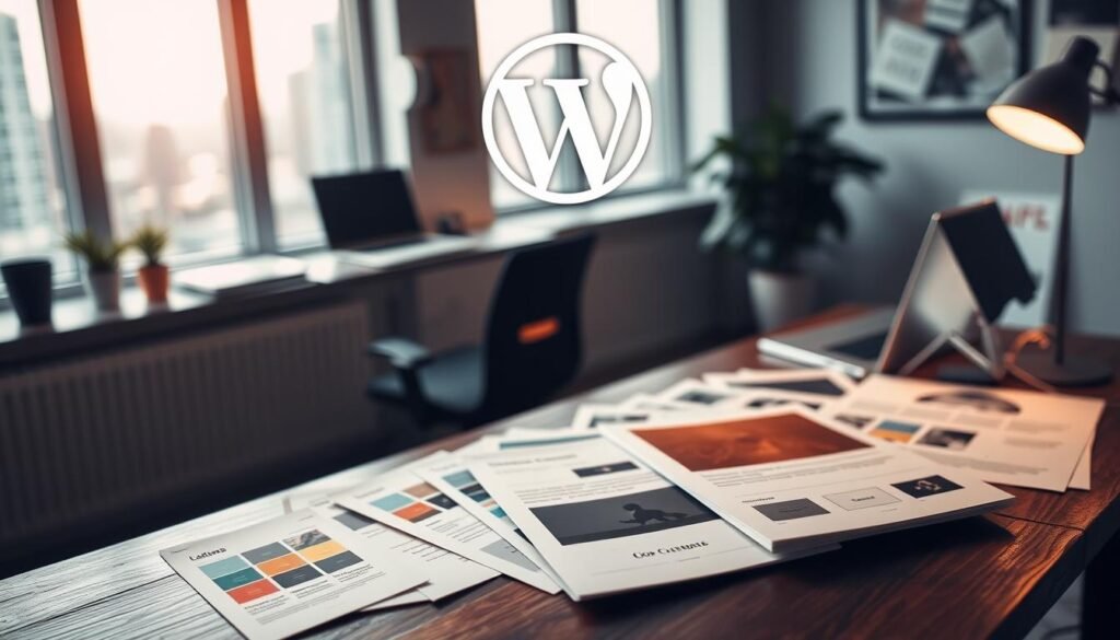 A cozy, well-lit workspace with a modern desk, a sleek laptop, and a stylized WordPress logo hovering above. In the middle ground, an array of design elements - color palettes, typography samples, and layout sketches - are neatly arranged, hinting at the customization process. The background features a blurred cityscape, suggesting a productive, professional setting. The overall atmosphere is one of focused creativity and attention to detail, capturing the essence of tailoring a WordPress theme to one's unique needs.