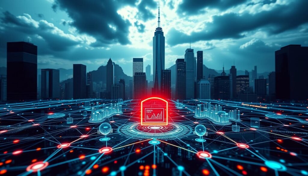 A cybersecurity risk management landscape, captured with a cinematic wide-angle lens. In the foreground, a network diagram pulsates with data flows, protected by a futuristic firewall interface. The middle ground features a dashboard displaying real-time threat analytics, surrounded by icons representing potential risks. In the background, a towering cityscape of skyscrapers symbolizes the digital infrastructure that requires constant vigilance. Dramatic lighting casts long shadows, conveying a sense of urgency and the high stakes involved in safeguarding critical systems. The overall atmosphere is one of technological sophistication, strategic decision-making, and the relentless battle against cyber threats. A cybersecurity risk management landscape, captured with a cinematic wide-angle lens. In the foreground, a network diagram pulsates with data flows, protected by a futuristic firewall interface. The middle ground features a dashboard displaying real-time threat analytics, surrounded by icons representing potential risks. In the background, a towering cityscape of skyscrapers symbolizes the digital infrastructure that requires constant vigilance. Dramatic lighting casts long shadows, conveying a sense of urgency and the high stakes involved in safeguarding critical systems. The overall atmosphere is one of technological sophistication, strategic decision-making, and the relentless battle against cyber threats.