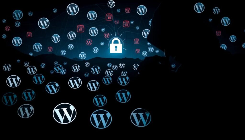 A dark and ominous landscape, with WordPress logos scattered across the frame, signifying the vulnerabilities lurking within. In the foreground, a shadowy figure representing a hacker, their fingers skillfully manipulating lines of code. The middle ground depicts various WordPress plugin icons, each one a potential entry point for exploitation. In the background, a web of interconnected servers and databases, their security protocols barely holding against the persistent attacks. The scene is lit by an eerie, low-key lighting, casting long shadows and emphasizing the sense of danger and unease. The overall mood is one of tension and urgency, highlighting the critical need for robust WordPress security measures.