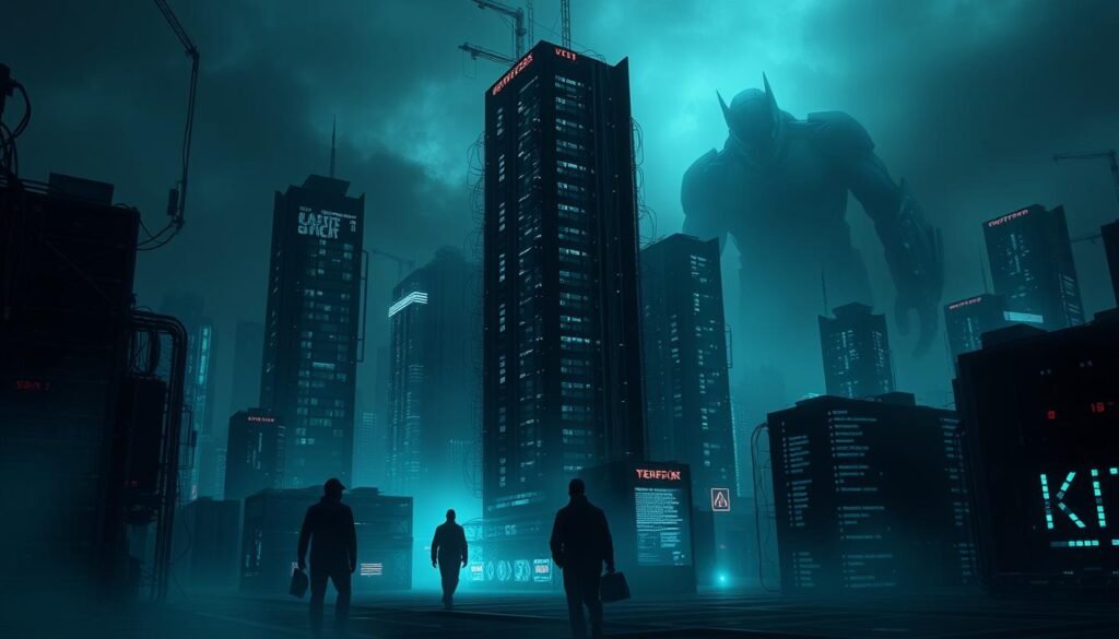 A dark, futuristic cityscape shrouded in a hazy cyberpunk atmosphere. In the foreground, a towering data center stands tall, its sleek architecture and glowing lights a testament to the digital age. Surrounding it, a complex web of cables and circuits symbolize the intricate network infrastructure that powers the modern world. In the middle ground, silhouettes of hackers and cybersecurity experts move stealthily, their screens reflecting the glow of complex algorithms and lines of code. In the background, a looming shadow of a malicious entity, a representation of the ever-present threat of cyber attacks. The scene conveys a sense of both innovation and vulnerability, highlighting the critical need for robust cybersecurity measures in the digital transformation journey. A dark, futuristic cityscape shrouded in a hazy cyberpunk atmosphere. In the foreground, a towering data center stands tall, its sleek architecture and glowing lights a testament to the digital age. Surrounding it, a complex web of cables and circuits symbolize the intricate network infrastructure that powers the modern world. In the middle ground, silhouettes of hackers and cybersecurity experts move stealthily, their screens reflecting the glow of complex algorithms and lines of code. In the background, a looming shadow of a malicious entity, a representation of the ever-present threat of cyber attacks. The scene conveys a sense of both innovation and vulnerability, highlighting the critical need for robust cybersecurity measures in the digital transformation journey.