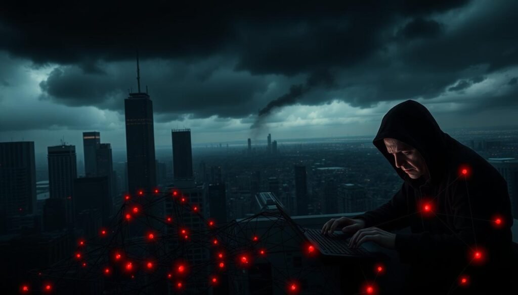 A dark, ominous cityscape under an oppressive sky, with towering skyscrapers and a sense of unease. In the foreground, a tangled web of binary code and glowing red nodes pulsate, representing the insidious presence of ransomware threats. The midground features distorted, shadowy figures frantically typing on keyboards, their expressions strained with panic. In the background, a distant digital landscape flickers and glitches, suggesting the widespread disruption and chaos caused by these evolving cyber attacks. Dramatic chiaroscuro lighting casts dramatic shadows, heightening the sense of danger and urgency. The overall mood is one of unease, vulnerability, and the need for increased vigilance in the face of these persistent, shape-shifting threats. A dark, ominous cityscape under an oppressive sky, with towering skyscrapers and a sense of unease. In the foreground, a tangled web of binary code and glowing red nodes pulsate, representing the insidious presence of ransomware threats. The midground features distorted, shadowy figures frantically typing on keyboards, their expressions strained with panic. In the background, a distant digital landscape flickers and glitches, suggesting the widespread disruption and chaos caused by these evolving cyber attacks. Dramatic chiaroscuro lighting casts dramatic shadows, heightening the sense of danger and urgency. The overall mood is one of unease, vulnerability, and the need for increased vigilance in the face of these persistent, shape-shifting threats.