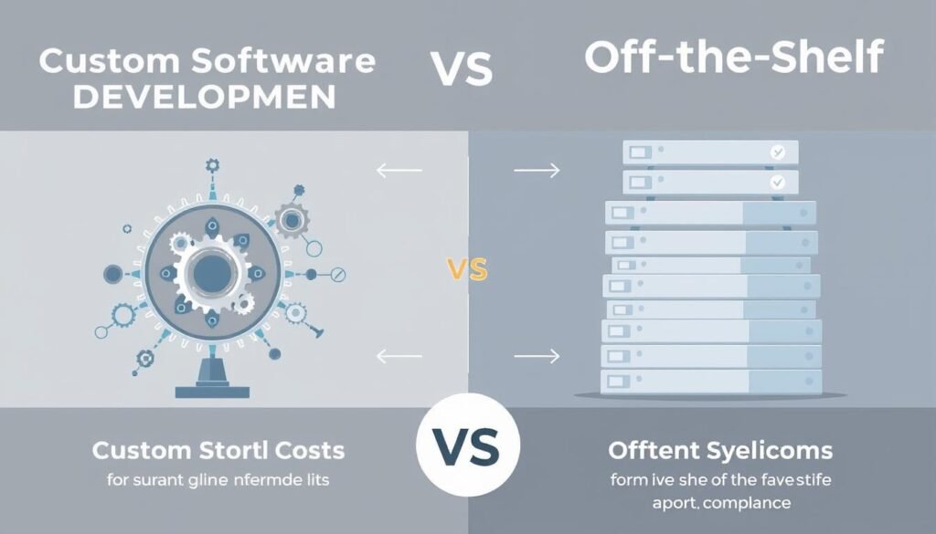 A detailed comparison of the costs for custom software development and off-the-shelf solutions, presented in a sleek, modern infographic style. The image features two distinct sections, each showcasing a different solution with clear visual cues. The left side depicts a custom-built software system, with intricate gears and mechanisms representing the complexity and tailored nature of the solution. The right side showcases a neatly stacked collection of generic software boxes, symbolizing the standardized nature of off-the-shelf products. The overall composition is balanced, with a neutral color palette and subtle gradients, creating a professional and informative atmosphere. The layout is designed to highlight the key cost factors for each approach, allowing the viewer to easily understand the tradeoffs. A detailed comparison of the costs for custom software development and off-the-shelf solutions, presented in a sleek, modern infographic style. The image features two distinct sections, each showcasing a different solution with clear visual cues. The left side depicts a custom-built software system, with intricate gears and mechanisms representing the complexity and tailored nature of the solution. The right side showcases a neatly stacked collection of generic software boxes, symbolizing the standardized nature of off-the-shelf products. The overall composition is balanced, with a neutral color palette and subtle gradients, creating a professional and informative atmosphere. The layout is designed to highlight the key cost factors for each approach, allowing the viewer to easily understand the tradeoffs.