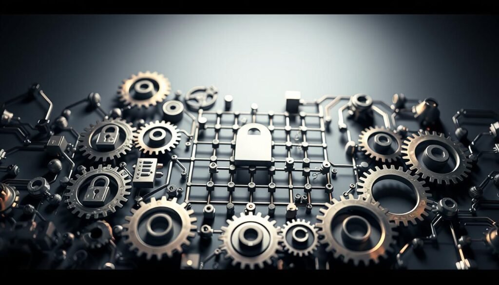 A detailed cybersecurity framework composed of interlocking gears and circuits, with a clean, minimalist aesthetic. The foreground features various cybersecurity icons and symbols in a polished, metallic finish, including lock icons, data flow diagrams, and network security elements. The middle ground showcases a three-dimensional grid of interconnected nodes, representing the framework's structure and information flows. The background depicts a subtle, gradient-based backdrop, evoking a sense of technological depth and complexity. Lighting is dramatic, with a mix of hard and soft shadows to highlight the mechanical and digital aspects of the composition. The overall mood is one of sophistication, order, and the seamless integration of cybersecurity principles. A detailed cybersecurity framework composed of interlocking gears and circuits, with a clean, minimalist aesthetic. The foreground features various cybersecurity icons and symbols in a polished, metallic finish, including lock icons, data flow diagrams, and network security elements. The middle ground showcases a three-dimensional grid of interconnected nodes, representing the framework's structure and information flows. The background depicts a subtle, gradient-based backdrop, evoking a sense of technological depth and complexity. Lighting is dramatic, with a mix of hard and soft shadows to highlight the mechanical and digital aspects of the composition. The overall mood is one of sophistication, order, and the seamless integration of cybersecurity principles.