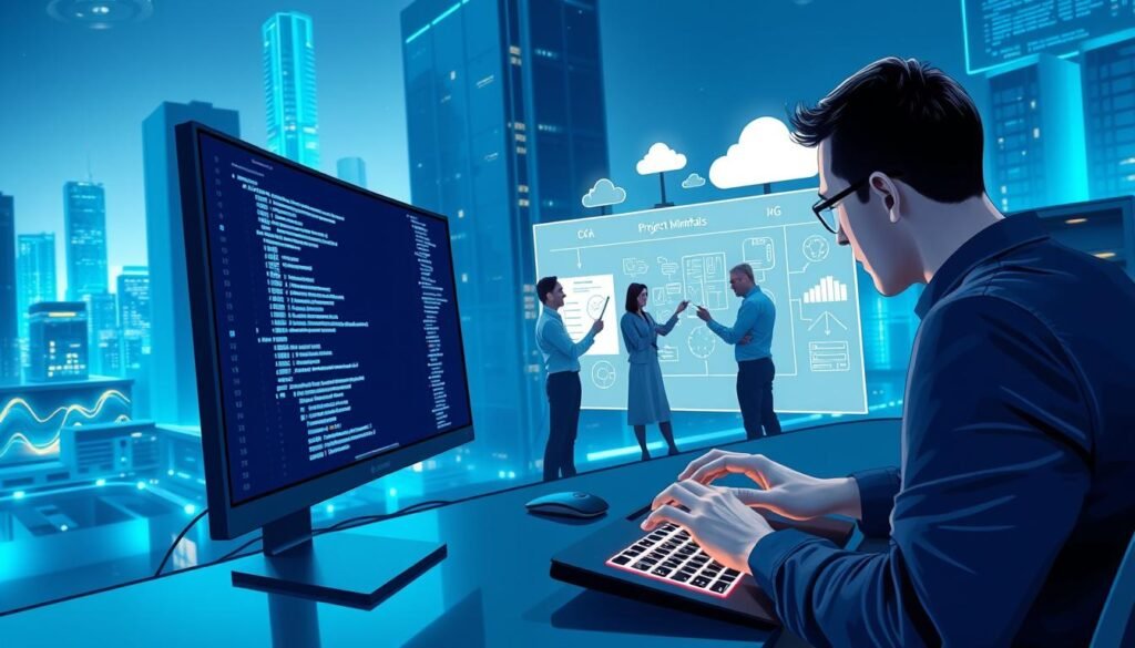 A detailed digital illustration depicting the software development lifecycle. In the foreground, a software engineer designs code on a sleek, ultrawide computer monitor, their hands moving expertly across a minimalist, backlit keyboard. In the middle ground, a team of developers collaborate on a virtual whiteboard, sketching out project milestones and discussing requirements. In the background, servers and cloud icons symbolize the deployment and maintenance stages, all set against a backdrop of a futuristic, glass-and-steel cityscape bathed in cool, azure lighting. The overall scene conveys the professional, collaborative nature of the software development process. A detailed digital illustration depicting the software development lifecycle. In the foreground, a software engineer designs code on a sleek, ultrawide computer monitor, their hands moving expertly across a minimalist, backlit keyboard. In the middle ground, a team of developers collaborate on a virtual whiteboard, sketching out project milestones and discussing requirements. In the background, servers and cloud icons symbolize the deployment and maintenance stages, all set against a backdrop of a futuristic, glass-and-steel cityscape bathed in cool, azure lighting. The overall scene conveys the professional, collaborative nature of the software development process.