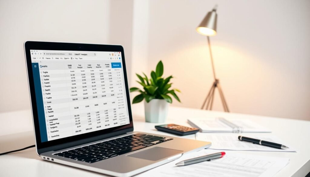 A detailed financial analysis of an IT project, displayed on a modern, minimalist desk setup. In the foreground, a laptop screen showcases a spreadsheet with cost breakdowns, project timelines, and key metrics. On the desk, a pen, calculator, and neatly organized papers provide a sense of professionalism. The middle ground features a potted plant and a stylish desk lamp, casting a warm, focused light on the analysis. The background is a clean, uncluttered room with neutral-toned walls, creating a calming, productive atmosphere conducive to strategic decision-making. A detailed financial analysis of an IT project, displayed on a modern, minimalist desk setup. In the foreground, a laptop screen showcases a spreadsheet with cost breakdowns, project timelines, and key metrics. On the desk, a pen, calculator, and neatly organized papers provide a sense of professionalism. The middle ground features a potted plant and a stylish desk lamp, casting a warm, focused light on the analysis. The background is a clean, uncluttered room with neutral-toned walls, creating a calming, productive atmosphere conducive to strategic decision-making.