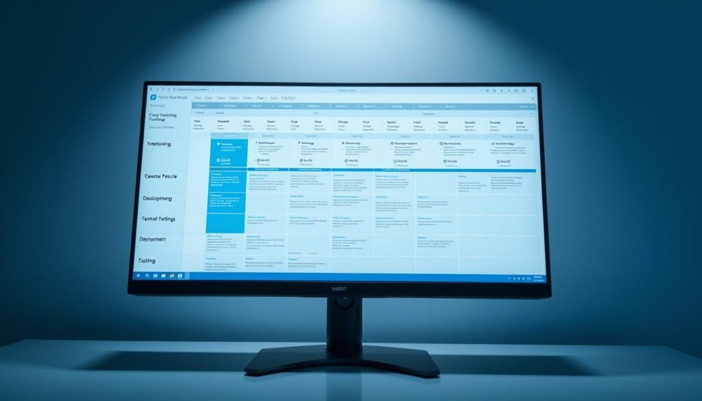 A detailed, intricate IT project roadmap displayed on a sleek, modern monitor, showcasing a comprehensive timeline, milestones, and key project phases. The roadmap is presented with a clean, minimalist design, utilizing a soothing color palette of blues and grays. The layout is well-organized, with clear sections for planning, development, testing, and deployment, allowing for a clear visualization of the project's progression. The roadmap is illuminated by soft, directional lighting, casting subtle shadows and highlights that enhance the depth and dimension of the display. The overall atmosphere conveys a sense of professionalism, efficiency, and strategic planning, perfectly suited for illustrating the "Understanding the IT Project Roadmap" section of the article. A detailed, intricate IT project roadmap displayed on a sleek, modern monitor, showcasing a comprehensive timeline, milestones, and key project phases. The roadmap is presented with a clean, minimalist design, utilizing a soothing color palette of blues and grays. The layout is well-organized, with clear sections for planning, development, testing, and deployment, allowing for a clear visualization of the project's progression. The roadmap is illuminated by soft, directional lighting, casting subtle shadows and highlights that enhance the depth and dimension of the display. The overall atmosphere conveys a sense of professionalism, efficiency, and strategic planning, perfectly suited for illustrating the "Understanding the IT Project Roadmap" section of the article.