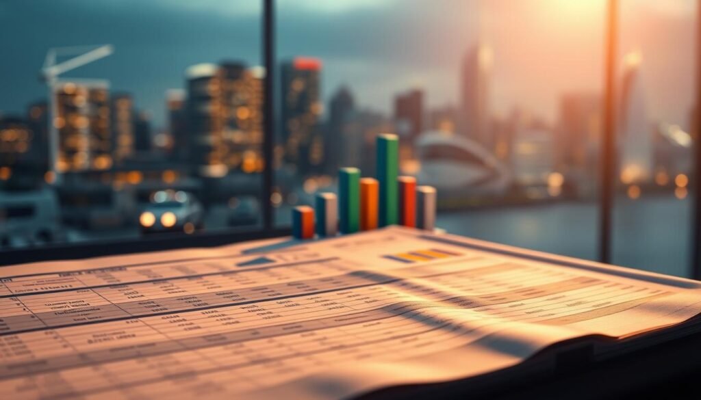 A detailed spreadsheet fills the foreground, illuminated by warm, directional lighting that casts subtle shadows across the crisp, organized data. In the middle ground, a 3D bar chart visualizes key cost metrics, the colors and shapes conveying the relative scale and impact of different project expenses. The background features a blurred cityscape, hinting at the broader business context and the strategic importance of effective IT cost management. The overall mood is one of analytical clarity, financial rigor, and data-driven decision making. A detailed spreadsheet fills the foreground, illuminated by warm, directional lighting that casts subtle shadows across the crisp, organized data. In the middle ground, a 3D bar chart visualizes key cost metrics, the colors and shapes conveying the relative scale and impact of different project expenses. The background features a blurred cityscape, hinting at the broader business context and the strategic importance of effective IT cost management. The overall mood is one of analytical clarity, financial rigor, and data-driven decision making.