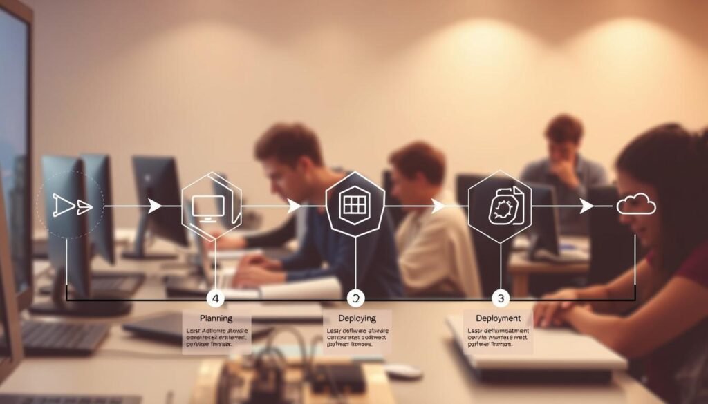 A detailed, step-by-step visual representation of the software development lifecycle. In the foreground, a team of developers collaborating on a project, their faces focused as they code and debug. In the middle ground, a series of interconnected stages - planning, design, development, testing, deployment, maintenance - visualized through abstract geometric shapes and icons. In the background, a warm, subdued color palette with subtle lighting, creating a sense of depth and professionalism. The scene conveys the iterative, collaborative nature of the software development process, with a clean, minimalist aesthetic suitable for an informative article on the IT development roadmap. A detailed, step-by-step visual representation of the software development lifecycle. In the foreground, a team of developers collaborating on a project, their faces focused as they code and debug. In the middle ground, a series of interconnected stages - planning, design, development, testing, deployment, maintenance - visualized through abstract geometric shapes and icons. In the background, a warm, subdued color palette with subtle lighting, creating a sense of depth and professionalism. The scene conveys the iterative, collaborative nature of the software development process, with a clean, minimalist aesthetic suitable for an informative article on the IT development roadmap.