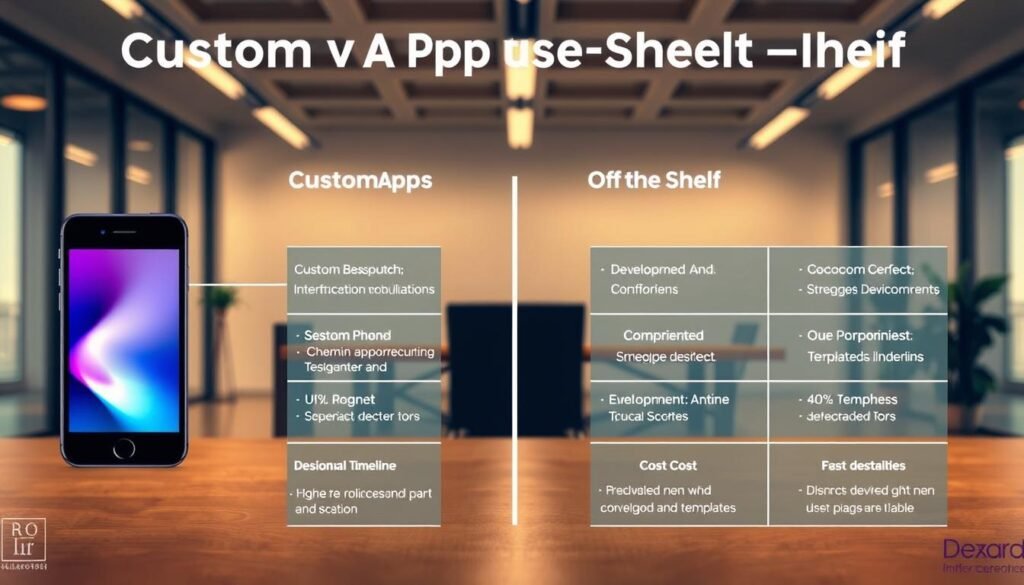 A detailed, technical illustration of the key differences between custom and off-the-shelf mobile apps. In the foreground, two distinct smartphone screens depict the visual contrasts - the custom app showcasing a sleek, bespoke interface, the off-the-shelf app with a more generic, templated look. The middle ground features side-by-side comparisons of technical specifications, development timelines, and cost differentials. The background setting is a modern, minimalist office environment, bathed in warm, directional lighting to convey a professional, informative tone. The overall composition highlights the tradeoffs and benefits of each app development approach for a business audience. A detailed, technical illustration of the key differences between custom and off-the-shelf mobile apps. In the foreground, two distinct smartphone screens depict the visual contrasts - the custom app showcasing a sleek, bespoke interface, the off-the-shelf app with a more generic, templated look. The middle ground features side-by-side comparisons of technical specifications, development timelines, and cost differentials. The background setting is a modern, minimalist office environment, bathed in warm, directional lighting to convey a professional, informative tone. The overall composition highlights the tradeoffs and benefits of each app development approach for a business audience.