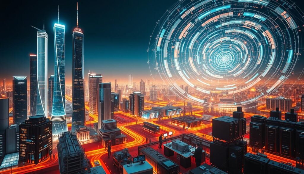 A digital transformation landscape, with a sleek cityscape in the foreground, gleaming with the latest technological advancements. Towering skyscrapers, adorned with holographic displays, cast a futuristic glow across the scene. In the middle ground, a bustling hub of activity, where workers collaborate on cutting-edge projects, surrounded by a network of interconnected devices and servers. The background is a swirling vortex of data, representing the vast, ever-evolving digital ecosystem that powers this transformation. Warm, diffused lighting illuminates the scene, creating a sense of progress and innovation. Captured with a wide-angle lens to convey the scale and scope of this digital revolution. A digital transformation landscape, with a sleek cityscape in the foreground, gleaming with the latest technological advancements. Towering skyscrapers, adorned with holographic displays, cast a futuristic glow across the scene. In the middle ground, a bustling hub of activity, where workers collaborate on cutting-edge projects, surrounded by a network of interconnected devices and servers. The background is a swirling vortex of data, representing the vast, ever-evolving digital ecosystem that powers this transformation. Warm, diffused lighting illuminates the scene, creating a sense of progress and innovation. Captured with a wide-angle lens to convey the scale and scope of this digital revolution.
