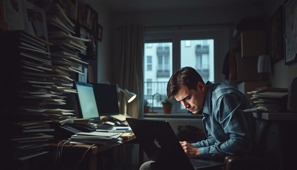 A dimly lit home office, cluttered with distractions - stacks of paperwork, a ringing phone, and a tangle of cables. In the foreground, a stressed-out remote worker, hunched over a laptop, struggling to focus amidst the chaos. The middle ground reveals a window, hinting at the isolation of the setting, while the background depicts a blurred urban landscape, a stark contrast to the confined space. The lighting is harsh, casting deep shadows and highlighting the weary expression on the worker's face, conveying the challenges of remote and hybrid work environments. A dimly lit home office, cluttered with distractions - stacks of paperwork, a ringing phone, and a tangle of cables. In the foreground, a stressed-out remote worker, hunched over a laptop, struggling to focus amidst the chaos. The middle ground reveals a window, hinting at the isolation of the setting, while the background depicts a blurred urban landscape, a stark contrast to the confined space. The lighting is harsh, casting deep shadows and highlighting the weary expression on the worker's face, conveying the challenges of remote and hybrid work environments.