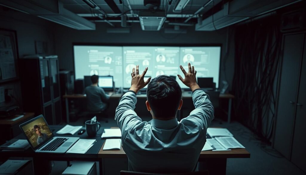 A dimly-lit office space, with a desk, laptop, and scattered documents representing the challenges of IT outsourcing. In the foreground, a businessperson appears frustrated, hands raised in exasperation. In the middle ground, a team of remote workers, their faces obscured, symbolizing communication and coordination difficulties. The background depicts a maze of wires and cables, hinting at the technical complexities of managing an outsourced IT infrastructure. The overall scene conveys a sense of tension and the need for effective solutions to overcome the obstacles of IT outsourcing. A dimly-lit office space, with a desk, laptop, and scattered documents representing the challenges of IT outsourcing. In the foreground, a businessperson appears frustrated, hands raised in exasperation. In the middle ground, a team of remote workers, their faces obscured, symbolizing communication and coordination difficulties. The background depicts a maze of wires and cables, hinting at the technical complexities of managing an outsourced IT infrastructure. The overall scene conveys a sense of tension and the need for effective solutions to overcome the obstacles of IT outsourcing.