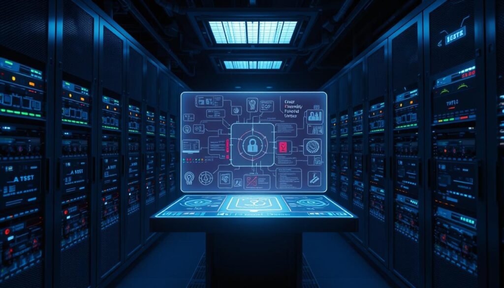 A dimly lit server room, the hum of cooling fans and blinking indicator lights. In the center, a high-tech security console, its holographic display projecting a network topology, firewall rules, and real-time threat monitoring. Surrounding it, cutting-edge cybersecurity measures: biometric scanners, tamper-proof hardware, and an array of sensors monitoring for anomalies. The room is bathed in a cool, blue-tinted light, creating an atmosphere of vigilance and technological prowess. The scene conveys the critical importance of robust cybersecurity in the face of evolving digital threats, essential for safeguarding the future of IT development. A dimly lit server room, the hum of cooling fans and blinking indicator lights. In the center, a high-tech security console, its holographic display projecting a network topology, firewall rules, and real-time threat monitoring. Surrounding it, cutting-edge cybersecurity measures: biometric scanners, tamper-proof hardware, and an array of sensors monitoring for anomalies. The room is bathed in a cool, blue-tinted light, creating an atmosphere of vigilance and technological prowess. The scene conveys the critical importance of robust cybersecurity in the face of evolving digital threats, essential for safeguarding the future of IT development.