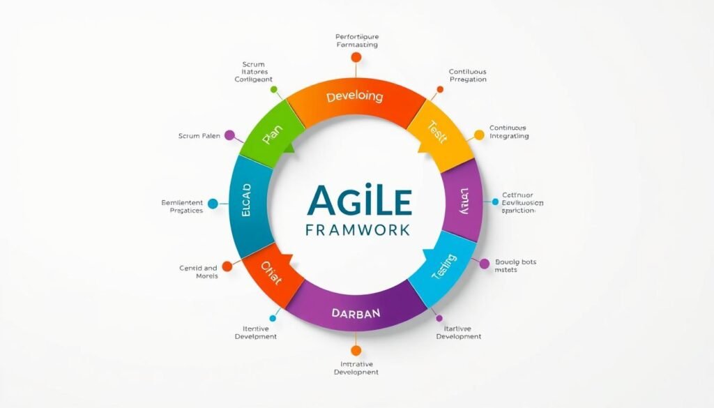 A dynamic Agile framework diagram against a clean, minimalist background. Foreground features a central Agile lifecycle loop with clear, iconographic stages like Planning, Developing, Testing, and Deployment. Surrounding this are colorful, geometric Agile principles and practices like Scrum, Kanban, Continuous Integration, and Iterative Development. Lighting is bright and even, with a slightly technical, digital aesthetic. The overall composition conveys the iterative, flexible, and collaborative nature of Agile software development in a visually engaging way. A dynamic Agile framework diagram against a clean, minimalist background. Foreground features a central Agile lifecycle loop with clear, iconographic stages like Planning, Developing, Testing, and Deployment. Surrounding this are colorful, geometric Agile principles and practices like Scrum, Kanban, Continuous Integration, and Iterative Development. Lighting is bright and even, with a slightly technical, digital aesthetic. The overall composition conveys the iterative, flexible, and collaborative nature of Agile software development in a visually engaging way.