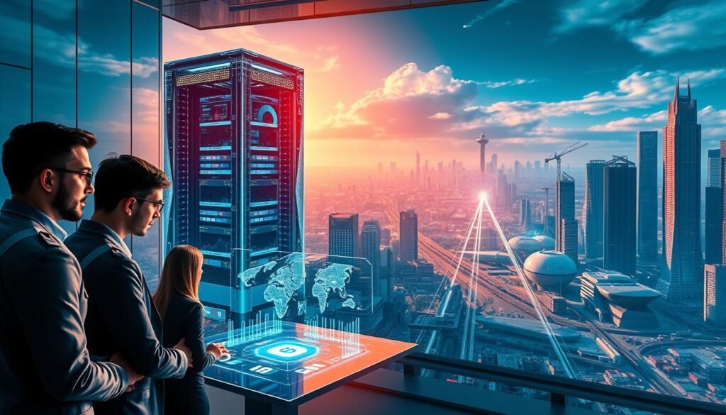 A dynamic and futuristic scene showcasing blockchain use cases in a modern business setting. In the foreground, a group of professionals collaborate around a sleek, holographic interface, exploring data visualizations and smart contract transactions. The middle ground features a towering, crystalline data center, its servers humming with the secure exchange of digital assets. In the background, a sprawling cityscape with futuristic skyscrapers and autonomous vehicles, symbolizing the widespread integration of blockchain technology across various industries. Warm, directional lighting casts dramatic shadows, creating a sense of depth and technologically-advanced ambiance. Cinematic, wide-angle lens captures the scale and complexity of this blockchain-powered business landscape. A dynamic and futuristic scene showcasing blockchain use cases in a modern business setting. In the foreground, a group of professionals collaborate around a sleek, holographic interface, exploring data visualizations and smart contract transactions. The middle ground features a towering, crystalline data center, its servers humming with the secure exchange of digital assets. In the background, a sprawling cityscape with futuristic skyscrapers and autonomous vehicles, symbolizing the widespread integration of blockchain technology across various industries. Warm, directional lighting casts dramatic shadows, creating a sense of depth and technologically-advanced ambiance. Cinematic, wide-angle lens captures the scale and complexity of this blockchain-powered business landscape.