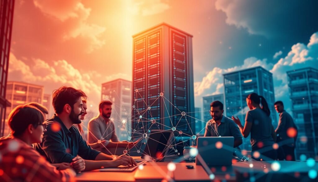 A dynamic and innovative agile transformation, depicted in a vibrant digital landscape. In the foreground, a team of developers collaborating, their faces aglow with the excitement of rapid iteration and continuous improvement. The middle ground features a network of connected nodes, representing the seamless integration of tools, processes, and data flows. In the background, a towering array of servers and clouds, symbolizing the scalable infrastructure that powers the agile workflow. Warm lighting casts a sense of energy and progress, while a subtle depth of field suggests the fluid, iterative nature of the transformation. The overall atmosphere conveys a spirit of innovation, adaptability, and accelerated software delivery. A dynamic and innovative agile transformation, depicted in a vibrant digital landscape. In the foreground, a team of developers collaborating, their faces aglow with the excitement of rapid iteration and continuous improvement. The middle ground features a network of connected nodes, representing the seamless integration of tools, processes, and data flows. In the background, a towering array of servers and clouds, symbolizing the scalable infrastructure that powers the agile workflow. Warm lighting casts a sense of energy and progress, while a subtle depth of field suggests the fluid, iterative nature of the transformation. The overall atmosphere conveys a spirit of innovation, adaptability, and accelerated software delivery.