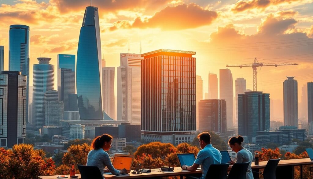 A dynamic cityscape with futuristic skyscrapers and bustling activity, bathed in warm, golden afternoon light. In the foreground, a team of IT professionals collaborating on laptops, surrounded by the tools and infrastructure of a modern tech hub. In the middle ground, a sleek, high-tech office building with floor-to-ceiling windows, symbolizing efficiency and productivity. In the background, a network of interconnected data centers and cloud servers, representing the backbone of IT outsourcing. The overall scene conveys the benefits of IT outsourcing, including faster time to market, agility, and access to the latest technologies and expertise. A dynamic cityscape with futuristic skyscrapers and bustling activity, bathed in warm, golden afternoon light. In the foreground, a team of IT professionals collaborating on laptops, surrounded by the tools and infrastructure of a modern tech hub. In the middle ground, a sleek, high-tech office building with floor-to-ceiling windows, symbolizing efficiency and productivity. In the background, a network of interconnected data centers and cloud servers, representing the backbone of IT outsourcing. The overall scene conveys the benefits of IT outsourcing, including faster time to market, agility, and access to the latest technologies and expertise.