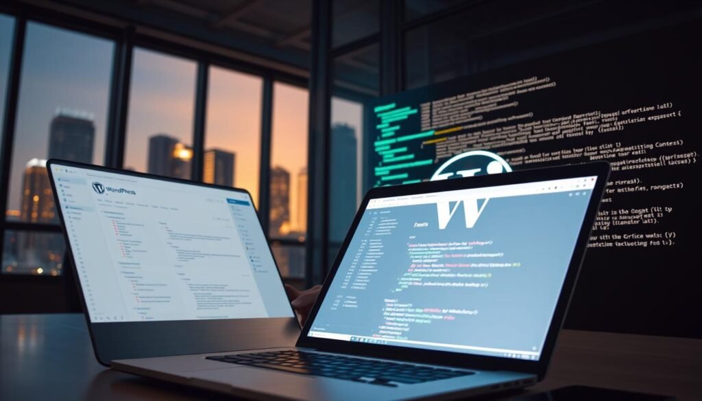 A dynamic, modern WordPress development scene. In the foreground, a laptop displays a clean, user-friendly WordPress dashboard, its interface glowing with a soft, warm light. In the middle ground, a developer types intently, their fingers dancing across the keyboard, as lines of code project onto a nearby wall, illuminating the space with a technical, futuristic atmosphere. In the background, a city skyline is visible through large windows, suggesting the integration of WordPress into the modern business landscape. The overall mood is one of productivity, innovation, and the seamless blending of technology and design.